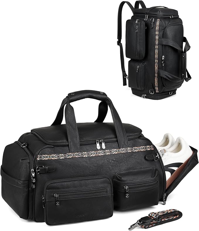 FADEON Duffle Bag for Women, Large Convertible Carry on Overnight Backpack, Designer Leather Mens Weekend Bags for Travel