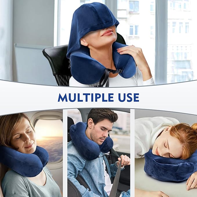 Neck Pillow with Hood - Memory Foam Neck Pillow Head Chin Support, Airplane, Car, Office & Home Sleep Rest Travel Pillows with Hood (Navy Blue, L)