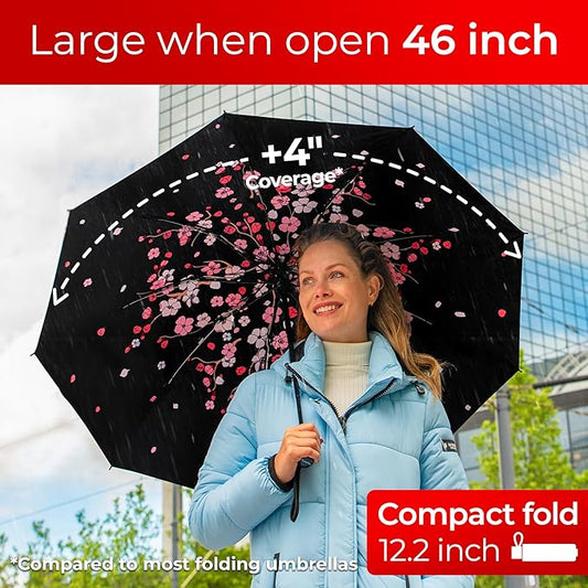 TUMELLA Flip-proof Inverted Travel Umbrella, Small Strong but Light Portable and Automatic Reverse Folding Rain Umbrella, Durable Premium Grip, Fits Car & Backpack