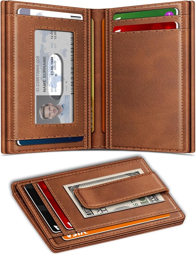 Gtwup Wallet for Men 14-16 Cards, Men's Leather Wallet, Minimalist Thin Card Holder RFID Blocking Money Clip with Simplified Bill Folder & Magnetic Closure, Gifts for Men, Brown