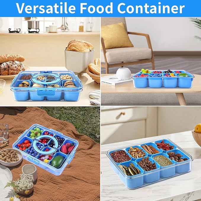 Yuroochii Snackle Box Container, Portable Snack Box 8 Compartment Divided Serving Tray with Lid & Handle, Clear Snack Charcuterie Platter for Travel Candy Party Fruit Salad (Blue)
