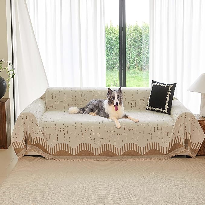 Boho Couch Cover for Dogs - Pet Proof Sofa Covers for 2 Cushion Couch, Non-Slip Chenille Sofa Slipcover, Pet Friendly Furniture Cover Fits Love Seat, 71"x118", Light Brown
