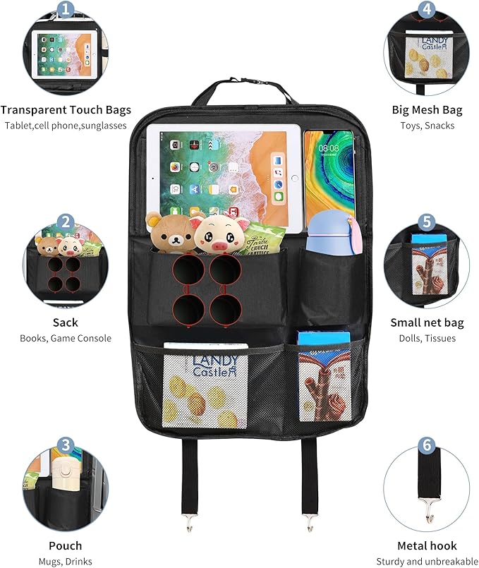 Backseat Car Organizer with Touch Screen Tablet Holder, Storage Pockets, Foldable Food Tray, Kick Mats Back Seat Protector, Travel Accessories for Kids and Adults (Upgraded Rear Organizer-1pcs)
