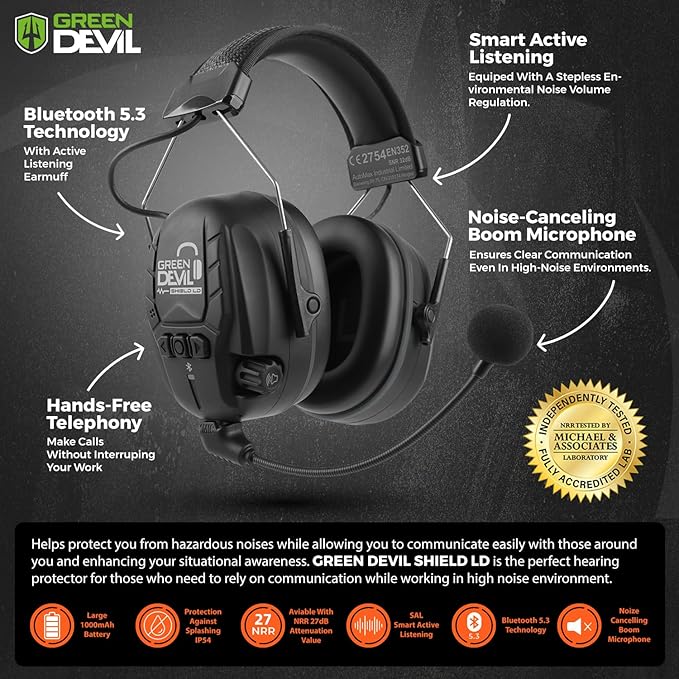GREEN DEVIL Electronic Bluetooth Hearing Ear Protection Headphones With Boom Microphones 27dB Noise Cancelling Earmuffs
