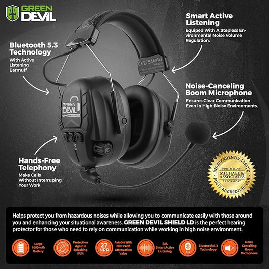 GREEN DEVIL Electronic Bluetooth Hearing Ear Protection Headphones With Boom Microphones 27dB Noise Cancelling Earmuffs