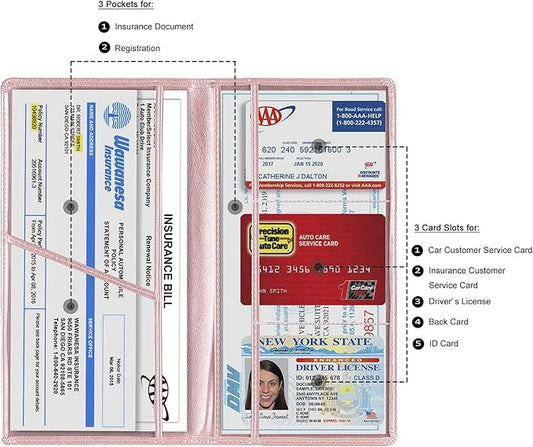TOURSUIT Car Registration and Insurance Card Holder, Vehicle License Document Glove Box Compartment Organizer, Interior Car Accessories for Women Men Teens (Rose Gold)