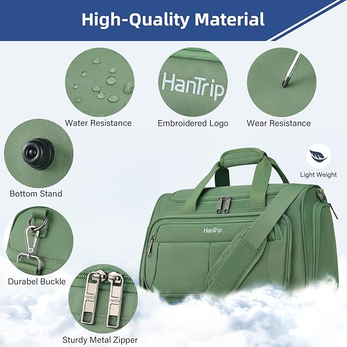 HanTrip Carry on Duffel Bag Foldable Duffle Bags for Travel, Under Seat Personal Item Bags for Airplanes, Weekender Overnight Mens Travel Tote Bag for Women Softside Carry on Luggage (Forest Green)