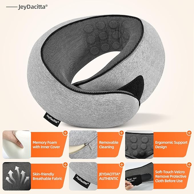 Premium Travel Pillow, Upgraded Memory Foam Neck Pillow, 360° Ergonomic Design Airplane Pillow Travel Pillows for Airplanes, Cars, Offices, Home Use, Ideal for Adults and Kids (Light Gray)