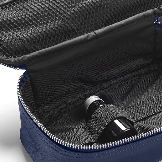 Leatherology Navy Blue Medium Leather Travel Organizer – Toiletry & Tech Case with Zipped Mesh Pocket, Elastic Loops & Water-Resistant Lining – Durable Storage for Everyday Travel