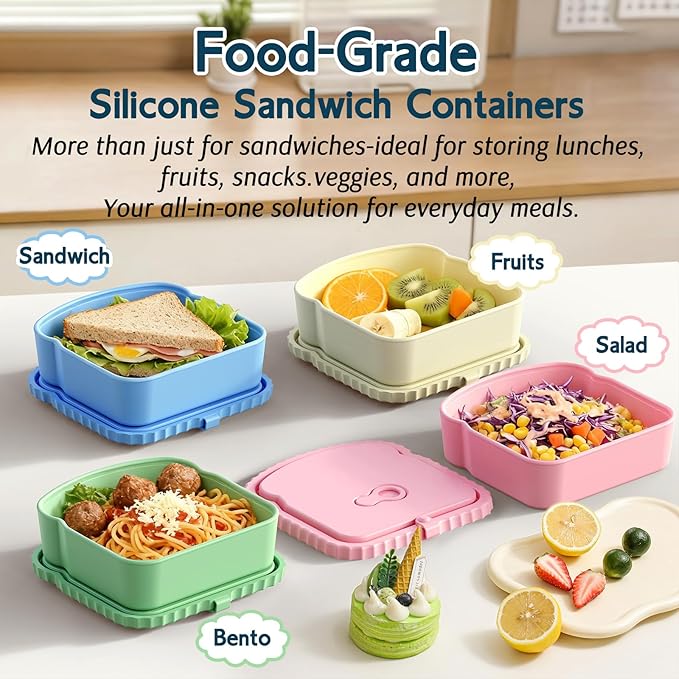 ICEROYCE 4 Pack Sandwich Containers, Reusable Snack Containers & Sandwich Box for Breakfast, Leak-Proof Lunch Containers Sandwich Bags for Picnic, Office, Travel