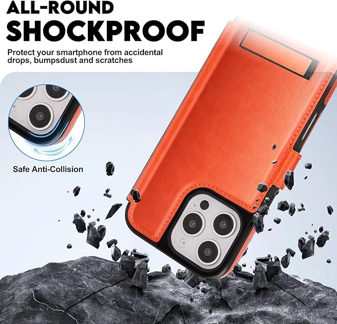 CIVICASE for iPhone 16 Pro Wallet Case with Stand,PU Leather Flip Credit Card Holder Slots (RFID Blocking),Compatible with Magsafe Magnetic Holder Phone Cover Women Men,Orange