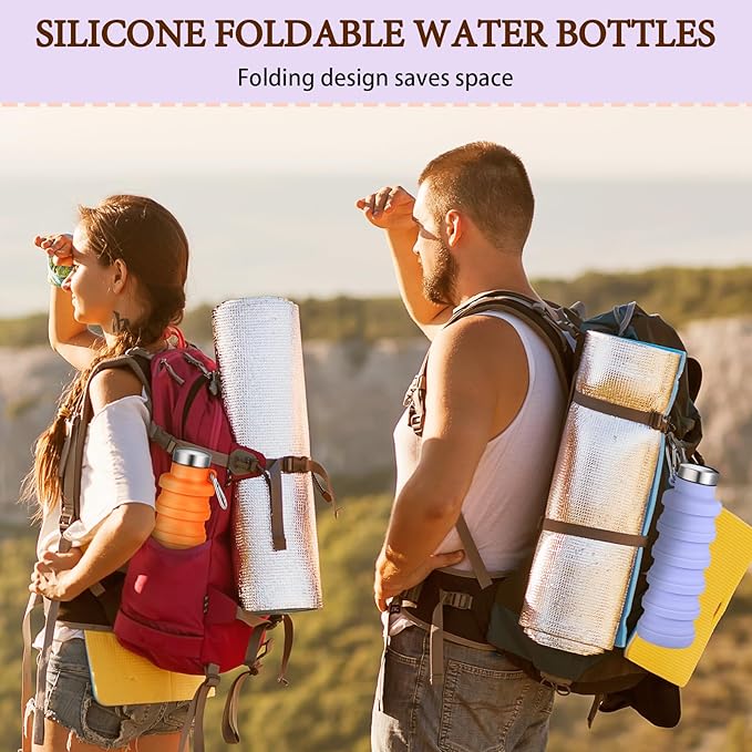 Baderke 2 Pcs Collapsible Water Bottles 17oz Silicone Travel Foldable Portable Water Bottle with Buckle Silicone Lightweight Reusable Leakproof for Camping Hiking Cycling Sport(Purple, Orange)