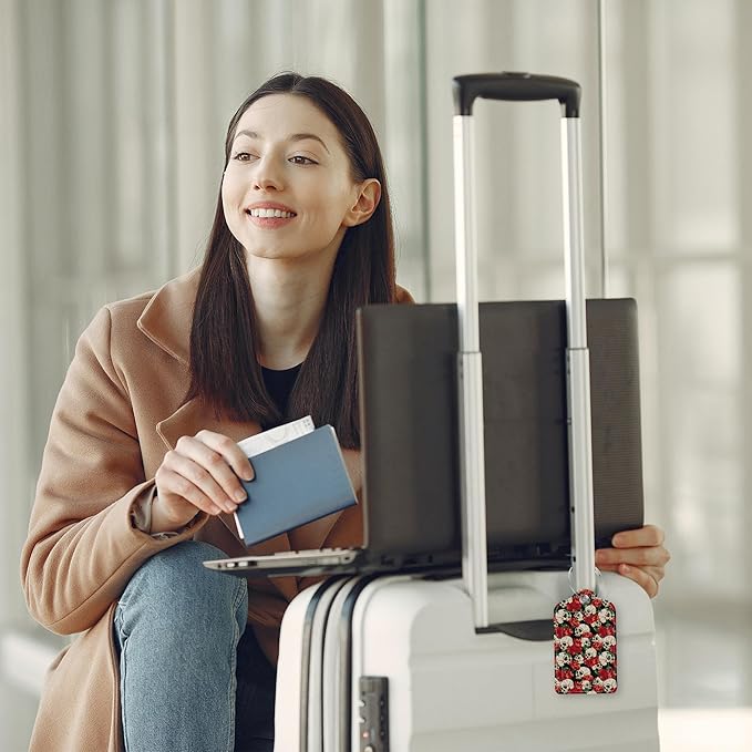 2 Pack Luggage Tags for Suitcase Day of The Dead Skull and Flowers Leather Stainless Steel Loop Label Tags for Women Men Travel Bag Suitcase with Privacy Cover Name ID Card