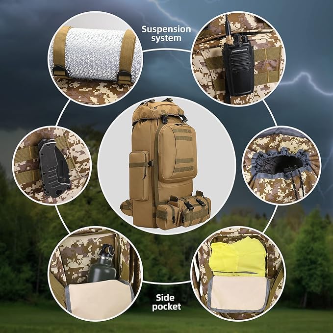 HongXingHai 100L Camping Hiking Backpack,Molle military Tactical rucksack backpack,Waterproof Lightweight Hiking Backpack (Khaki-C)