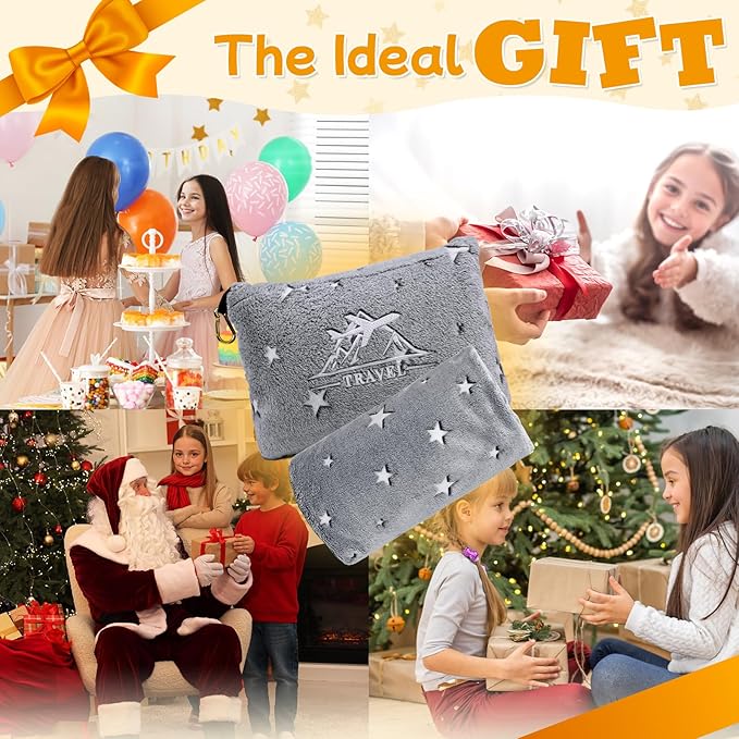 HWING Travel Blanket Airplane Compact with Bag - Glow in The Dark Stars Blanket Travel Pillows for Airplanes Travel Essentials for Flying - Birthday Gifts for Kids Teens Women Camping Outdoor Blanket