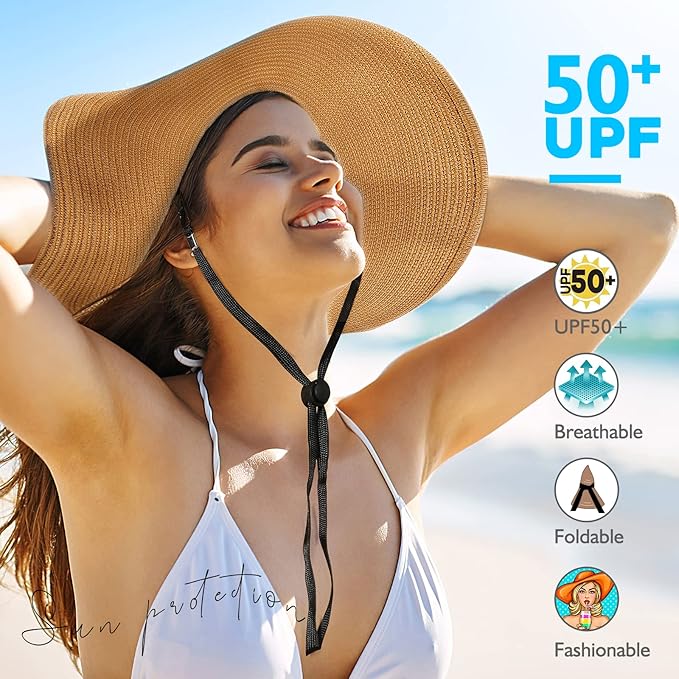Beach Hats for Women, Foldable Sun Hat Womens UV Protection, Boho Wide Brim Hats for Women, Floppy Straw Visor Hat