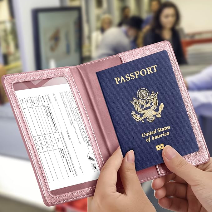 Passport and Vaccine Card Holder Combo, Passport Cover with Vaccine Card Slot, Wallet, Passport Case Holder for Women and Men（AE-Rose gold