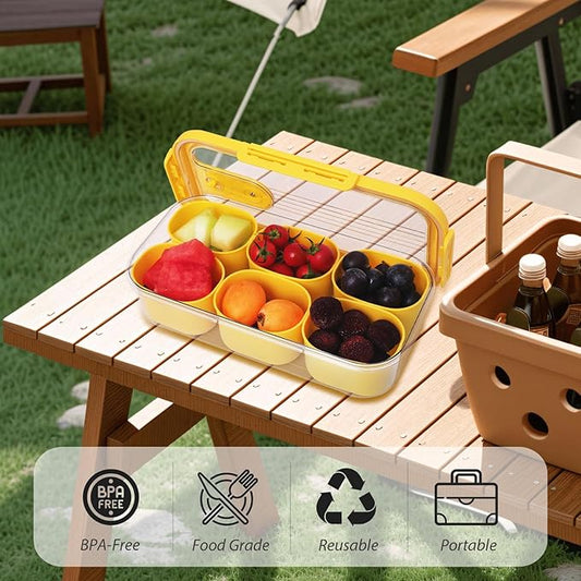 Snackle Box Container with 6 Compartments, Portable Snack Serving Tray, Reusable Food Fridge Storage Organizer, BPA-free, Perfect for Outdoor Road Travel/Party/Picnic