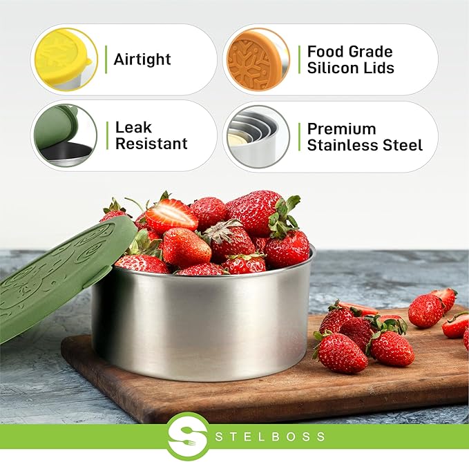 Stelboss Stainless Steel Containers with Lids, Set of 5, Leakproof Stainless Steel Food Containers, Metal Food Storage Container, Stackable Toddler Snack Containers, Lunch Box Containers