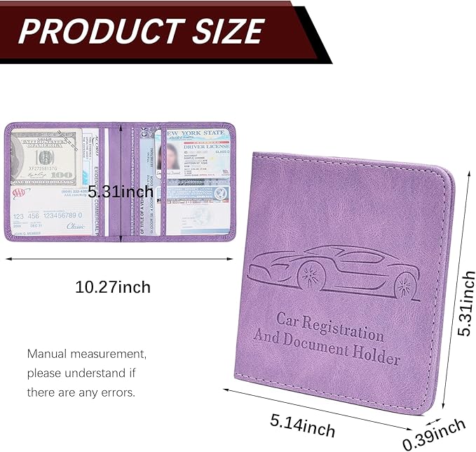 2-Pack Car Registration and Insurance Holder, Car Organization Vehicle Document Organizer with Magnetic Closure for Cards, License in Glove Box, Purple