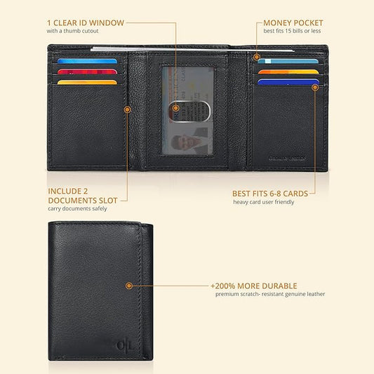 Real Leather Mens Trifold Wallet RFID Blocking Slim Minimalist Front Pocket - Thin & Stylish with ID Window in Gift Box