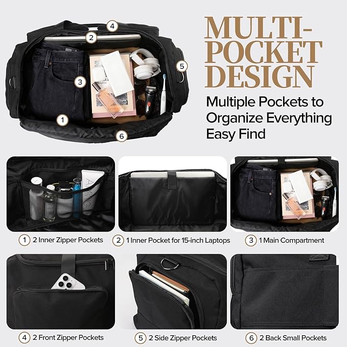 Ezday Duffle Bag for Travel, 55L Travel Duffel Bags, Weekender Overnight Carry on Travel Bag for Men & Women on Traveling, Camping, Sporting, Business (Black, 55L)