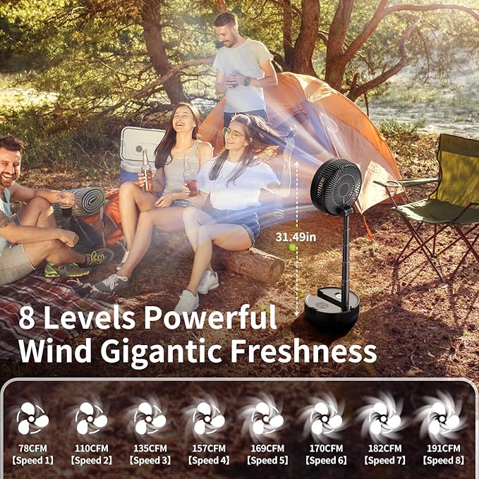Socool 40000mAh Portable Fan Foldable Battery Rechargeable with 8 Speed & 106H, 90° Osciliating Floor Standing Fan Remote, Desk Fan with 8H Timer & LED Light for Home Outdoor Travel Camping