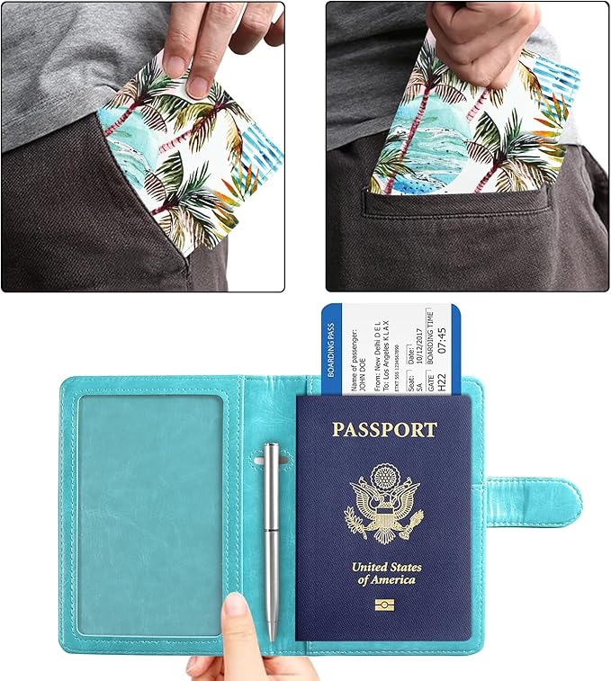 ACdream Passport and Vaccine Card Holder Combo, Cover Case with CDC Vaccination Card Slot, Leather Travel Documents Organizer Protector, with RFID Blocking, for Women and Men- Coconut tree