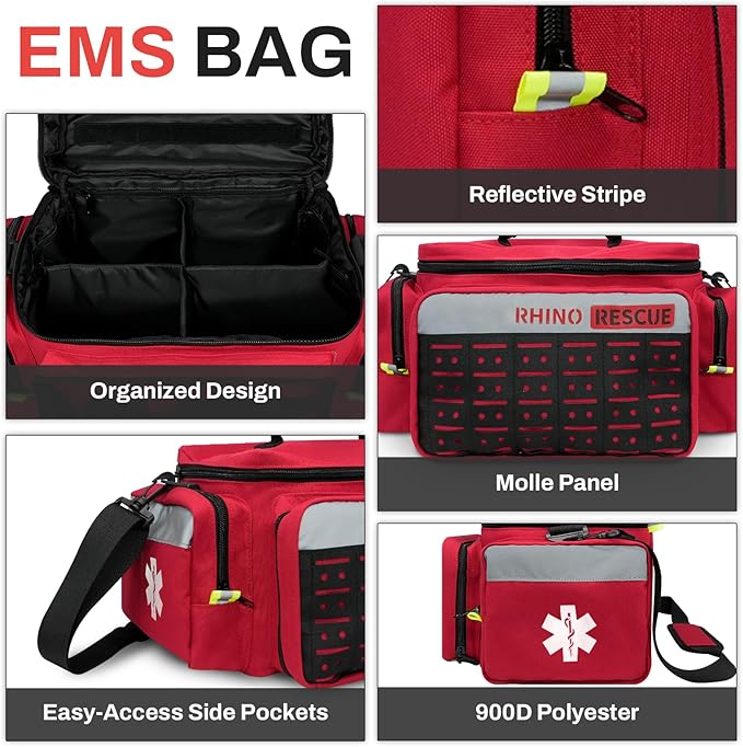 RHINO RESCUE First Responder First Aid Kit Fully-Stocked EMT Bag, Professional EMT/EMS Trauma Medical Kit, Molle System & Reflective Stripe, 300+ First Aid Supplies, Suits for Business, Home (Red)