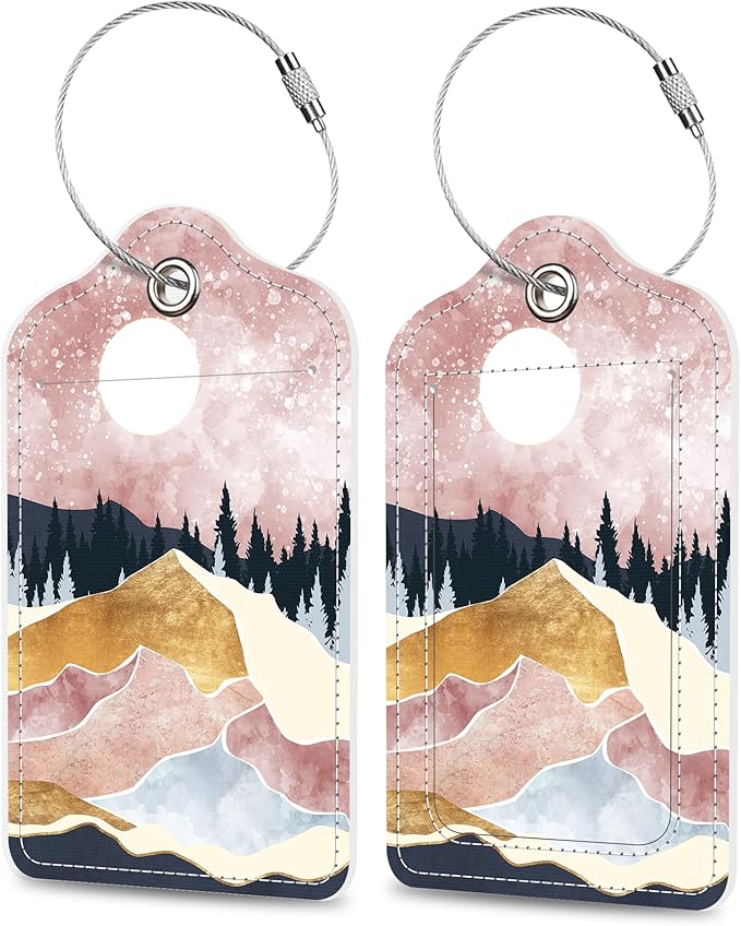 Art Mountains Luggage Tags 2PCS PU Leather Suitcases Tag with Stainless Steel Loop and Privacy Name Address Cover Label Card for Women Men Travel