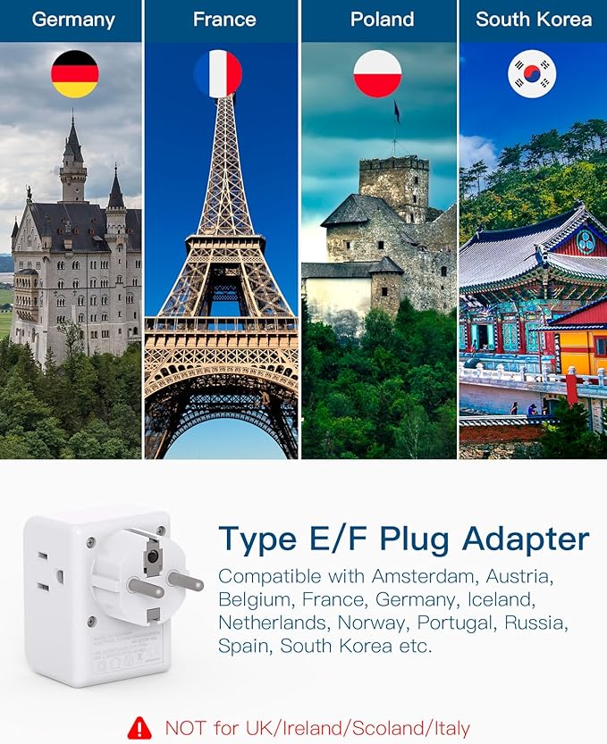 2 Pack Germany France Travel Plug Adapter with 3 Outlets 4 USB Charging Ports(2 USB C), Type E/F International Power Adapter, Travel Essentials US to Europe France Germany South Korea Netherlands