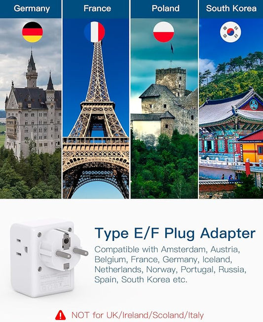 2 Pack Germany France Travel Plug Adapter with 3 Outlets 4 USB Charging Ports(2 USB C), Type E/F International Power Adapter, Travel Essentials US to Europe France Germany South Korea Netherlands