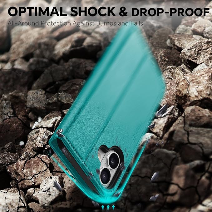 TUCCH Detachable Case Wallet for iPhone 17 (6.3") 2025, Wrist Strap | 4 Card Slots RFID Blocking | Wireless Charging | Stand | 2-in-1 Magnetic | PU Leather | Shockproof Folio Cover | Cyan