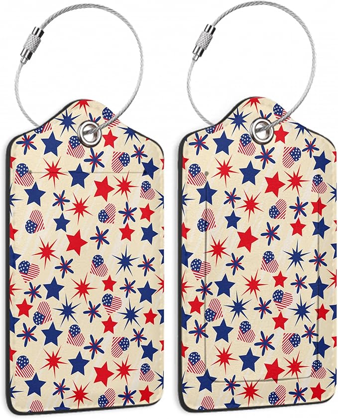Luggage Tags for Suitcase,2 Pack American Stars Flag Luggage Tag PU Leather Privacy Cover ID Label with Stainless Steel Loop for Women Men Teens Travel