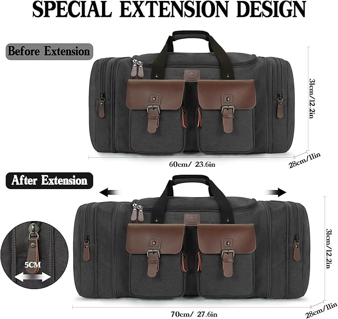 Canvas Duffle Bag for Men 60L Travel Duffel Bags Expandable Genuine Leather Duffel Overnight Weekender Carry On Bag Two Zipper Pockets Travel Bag (Black, X Large-60L)