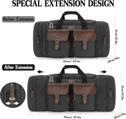 Canvas Duffle Bag for Men 60L Travel Duffel Bags Expandable Genuine Leather Duffel Overnight Weekender Carry On Bag Two Zipper Pockets Travel Bag (Black, X Large-60L)