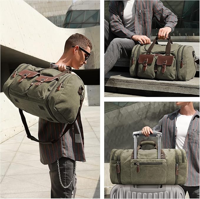 Wildroad 60L Travel Duffel Bag, Expandable Canvas Genuine Leather Duffle Bag Upgraded Overnight Weekender Bag Carry on Bag