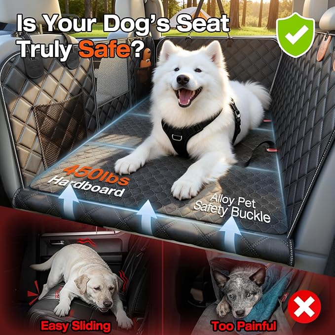 Doglike Dog Car Seat Cover for Back Seat [with Detachable Mat], Hard Bottom Dog Hammock for Car, Pet Bed Extender for 2-4 Large Dogs, Waterproof Seat Protector, L Size Fits for SUV Medium Truck, BK