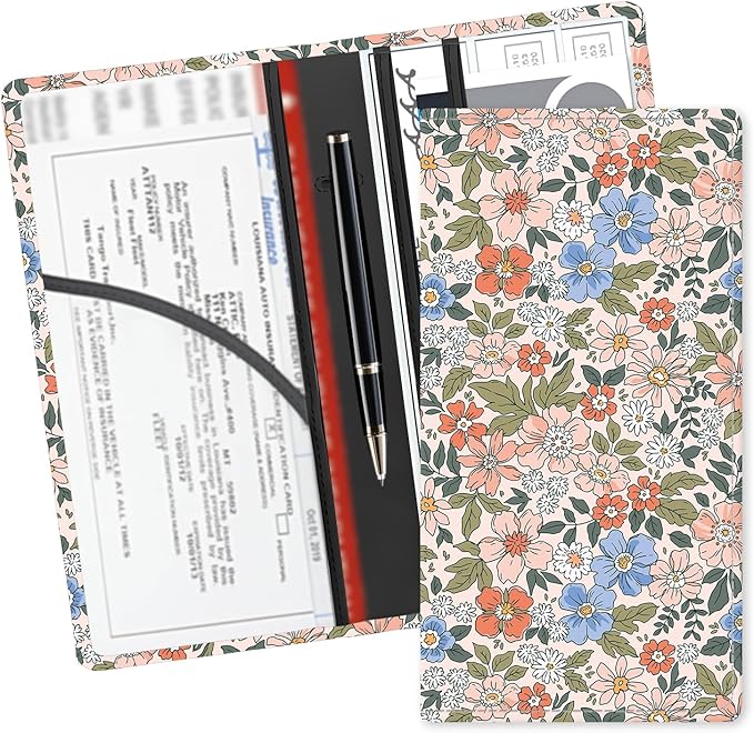 Leather Car Registration and Insurance Card Holder, Cute Car Accessories Vehicle Glove Box Car Organizer for Documents, Cards, License Vintage Colorful Floral