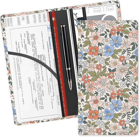 Leather Car Registration and Insurance Card Holder, Cute Car Accessories Vehicle Glove Box Car Organizer for Documents, Cards, License Vintage Colorful Floral