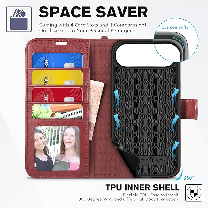 TUCCH Case Wallet for iPhone Air (6.5-Inch) 2025, Wrist Strap | Stand | RFID Blocking | 4 Card Holders | TPU Shockproof Inner Shell | PU Leather | Magnetic Folio Cover | Dark Red