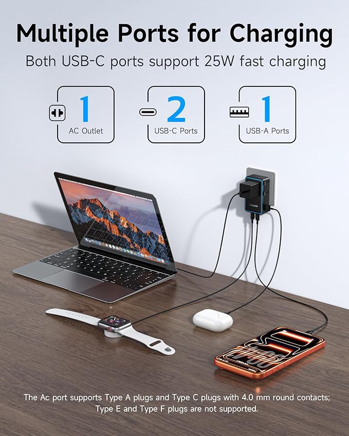 Mini Travel Adapter, 【2026 Ultra-Thin Design】 PD 25W 4-Port Power Adapter with 1 AC, 1 USB-A, and 2 USB-C Ports, Smart Temperature Control, Compatible for EU/UK/AU/AS, Ideal for Travel Essentials