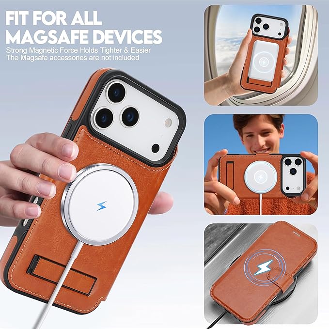 CIVICASE for iPhone 17 Pro Wallet Case with Stand,PU Leather Flip Credit Card Holder Slots (RFID Blocking),Compatible with Magsafe Magnetic Holder Phone Cover Women Men,Brown