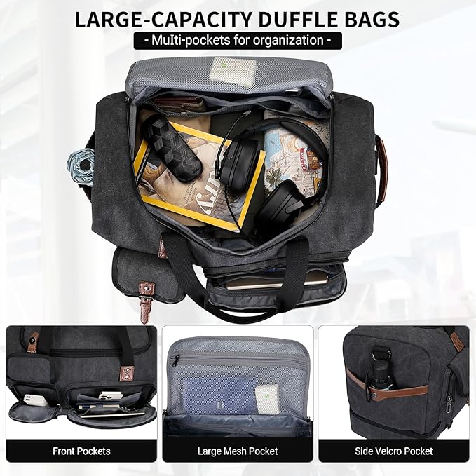 WITZMAN Canvas Weekender Bag Mens Overnight Bag for Traveling Carry on Duffle Bags with Shoes Compartment（A8010 Black）