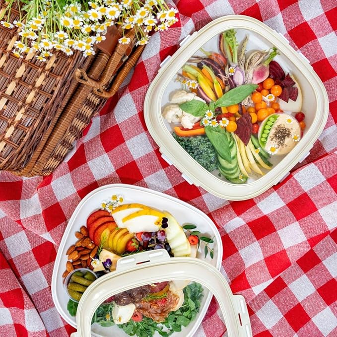 Crudités | Portable Snack Tray | Square 2-Pack | Cream White | Reversible Stretch Lid Food Containers | BPA-Free, Freezer & Dishwasher Safe | Meal-Prep, Charcuterie, Salads, Picnic, Travel