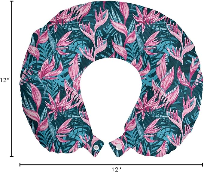 Ambesonne Exotic Travel Pillow Neck Rest, Aloha Bird of Paradise Blooms Tropical Leaves Flourishing Jungle Graphic, Memory Foam Traveling Accessory for Airplane and Car, 12", Pink Petrol