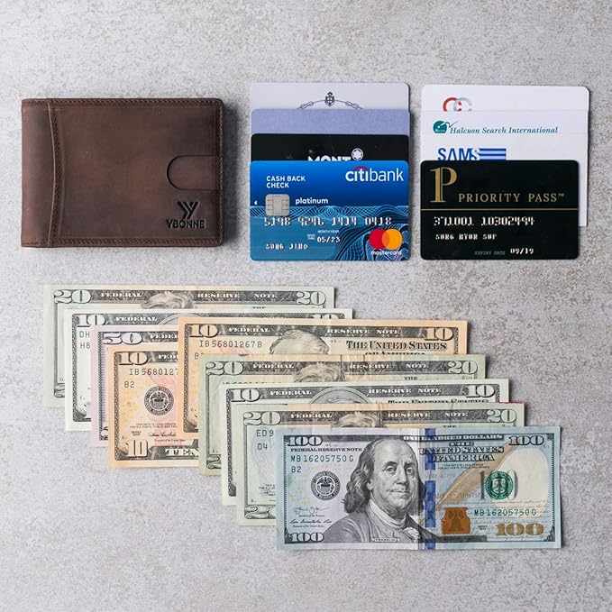YBONNE Functional Compact RFID Blocking Bifold Wallet for Men, Made of Finest Genuine Leather