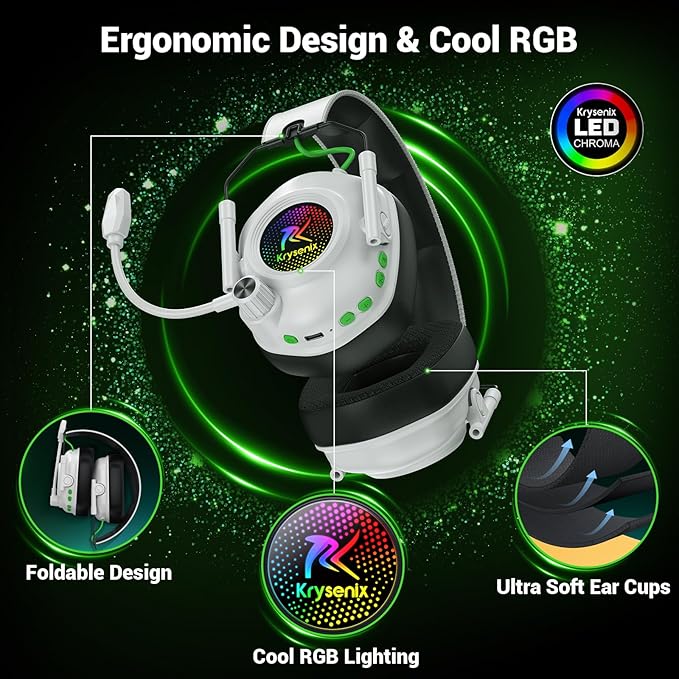 Wireless Gaming Headset with Noise Canceling Microphone for PC, PS5, PS4, Switch, Mac, 2.4 GHz Wireless & Bluetooth 5.4 Gaming Headphones, Cool RGB Lighting, 50Hr Battery, 50mm Drivers(White Black)