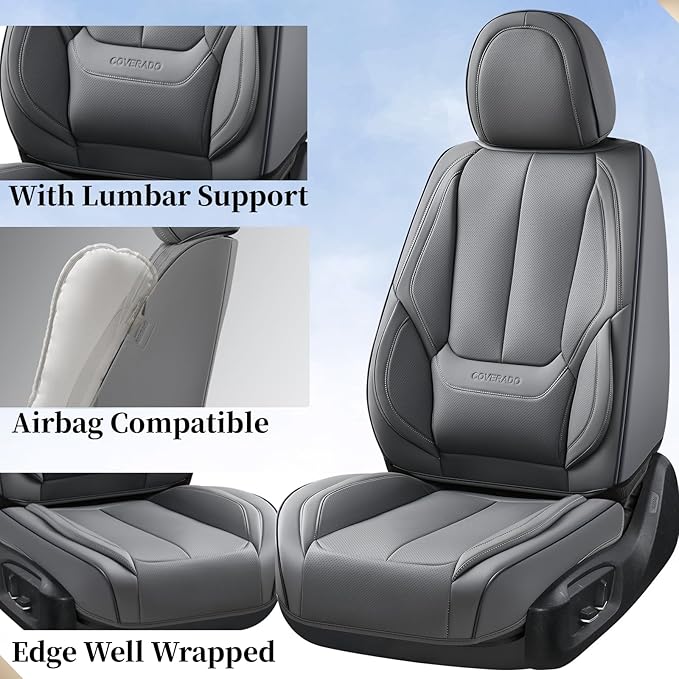 Coverado Seat Covers, Car Seat Covers Front Seats, Car Seat Cover, Car Seat Protector Waterproof, Car Seat Cushion Nappa Leather, Gray Seat Covers Carseat Cover Universal Fit for Most Cars