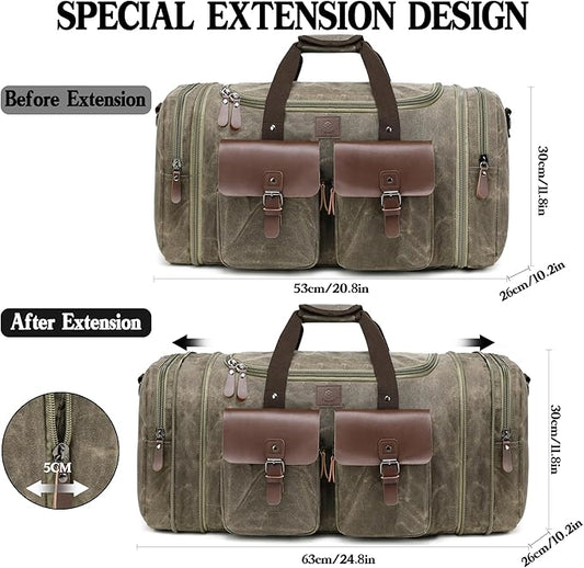 Waxed Canvas Duffle Bag for Men 60L Travel Duffel Bags Expandable Genuine Leather Duffel Overnight Weekender Carry On Bag Two Zipper Pockets Travel Bag (Vintage Grey, X Large-60L)